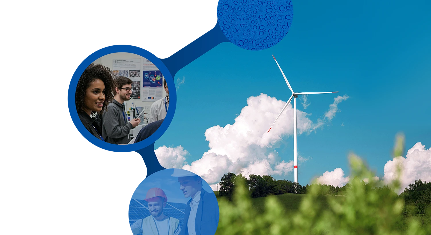 Decorative slide with a wind turbine surrounded by a stylized water molecule