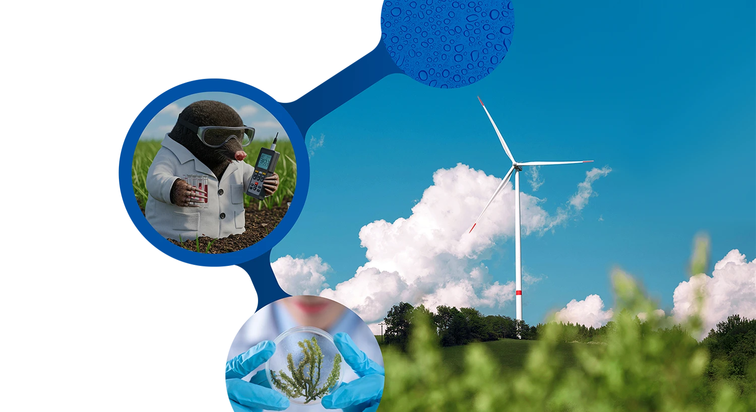 Decorative slide with a wind turbine surrounded by a stylized water molecule