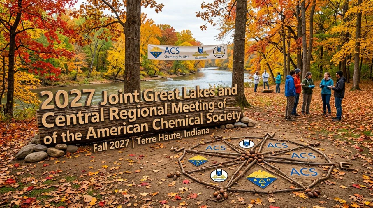 Fall-time forest scene with text overlay announcing the 2027 Joint Great Lakes and Central Regional Meeting